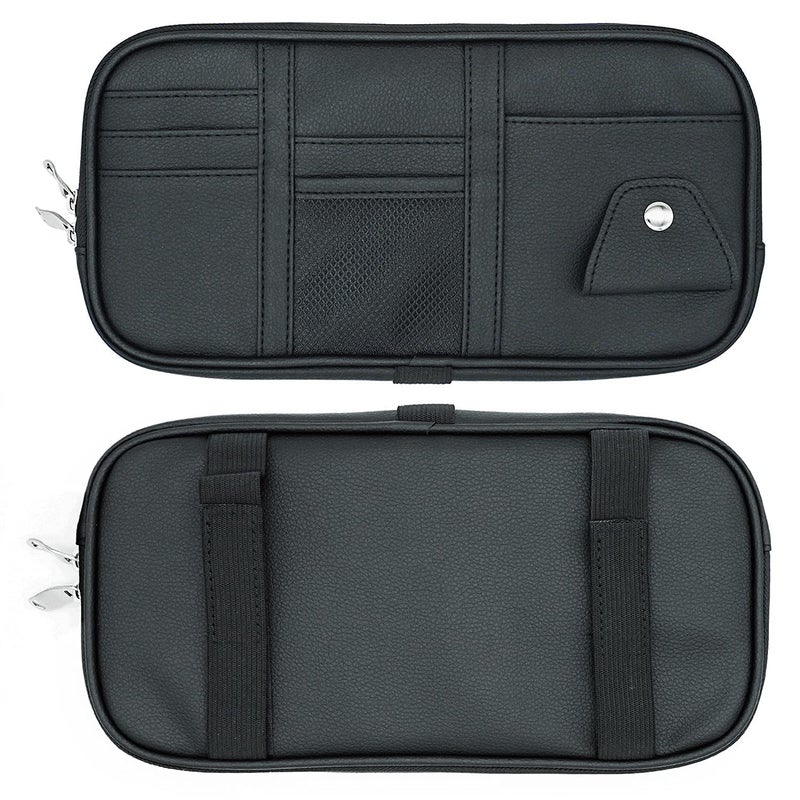 Da by Car Visor Organier Truck SUV Sun Visor Storage Pocket PU Leather Pouch Holder with Multi-Pocket Double Zipper Net Pocket, for Cards Pens Sunglasses Document (Black) - Image 5